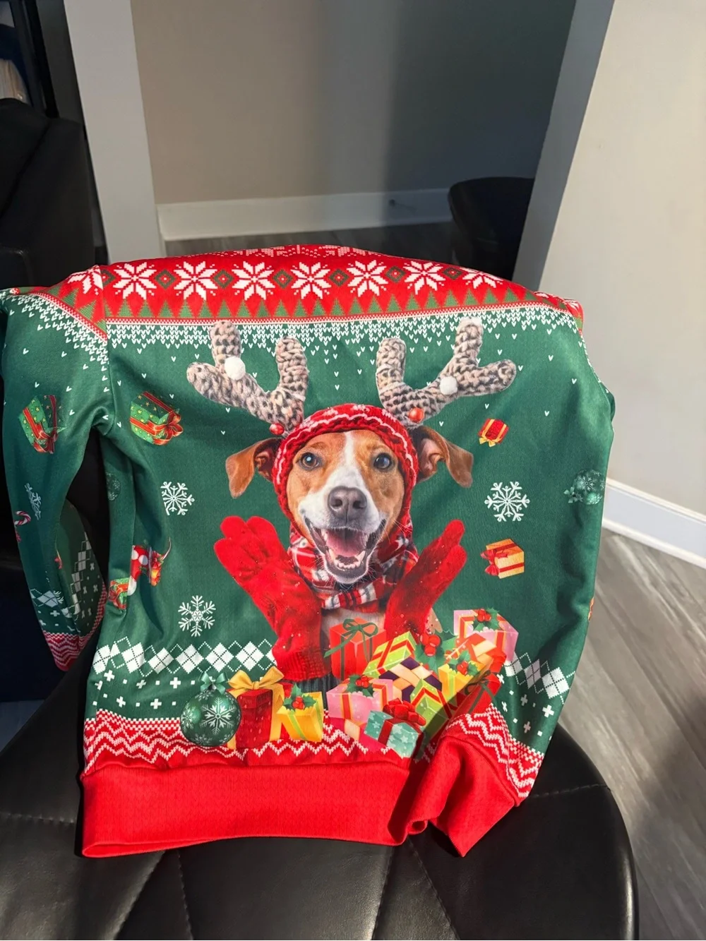 Abrand Green & Red Holiday Dog Throw with Reindeer Pup Design